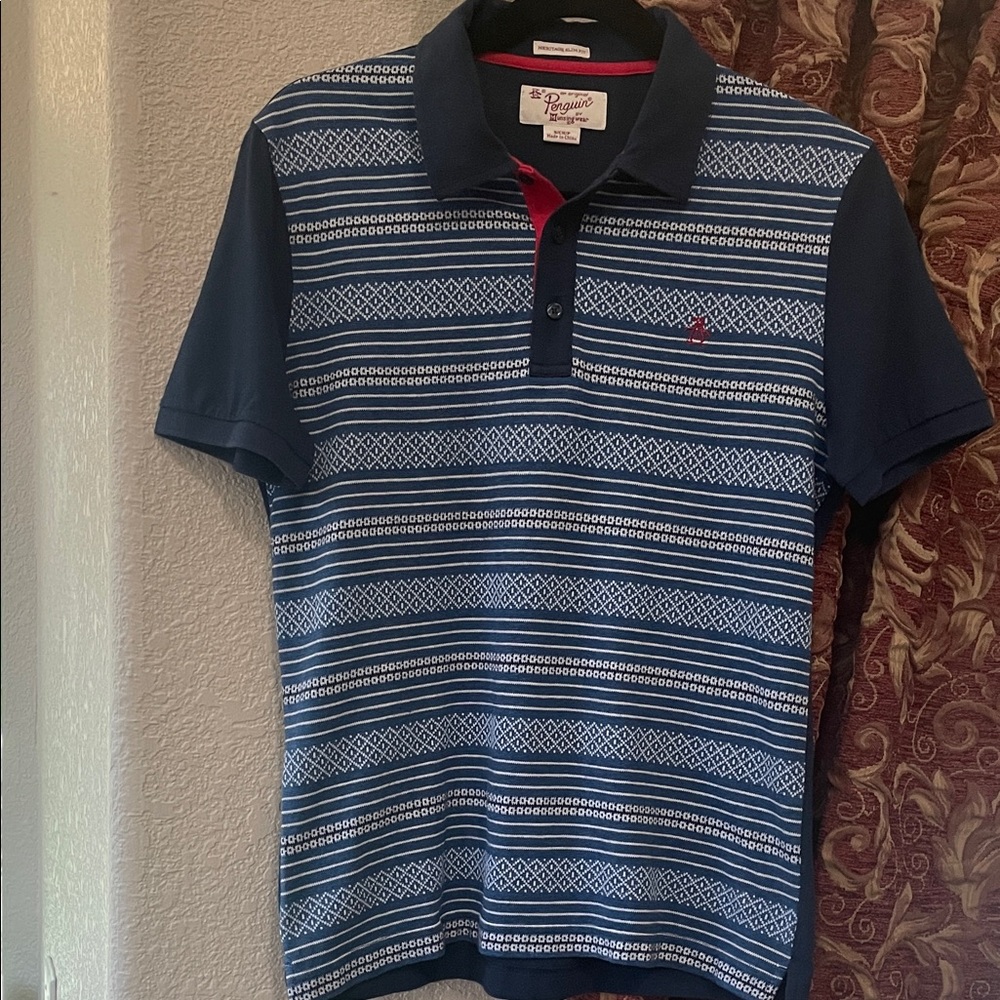 Original Penguin Men's Blue and White Pattern Polo